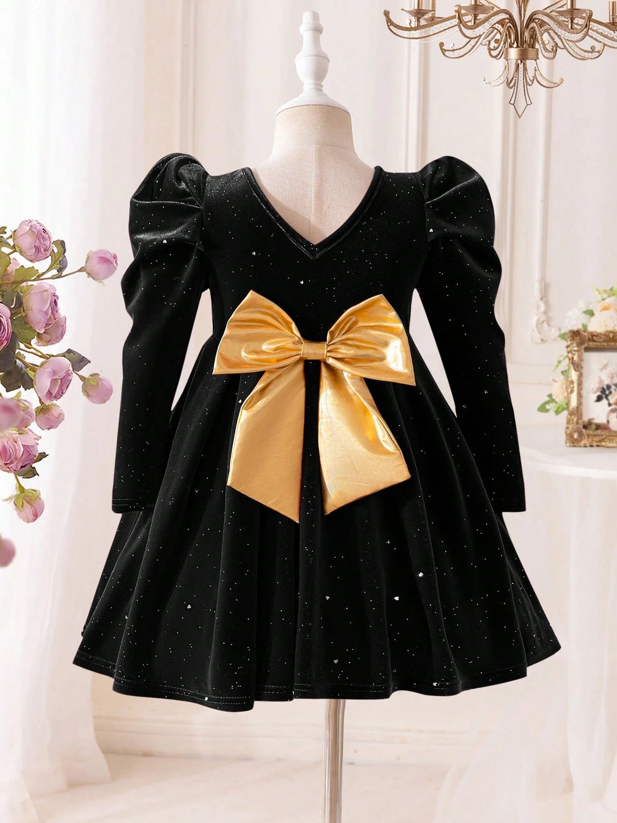 Mommy And Me Velvet Big Bow Decor Girls Dress, Suitable For Everyday Family Gathering Wear, Autumn/Winter