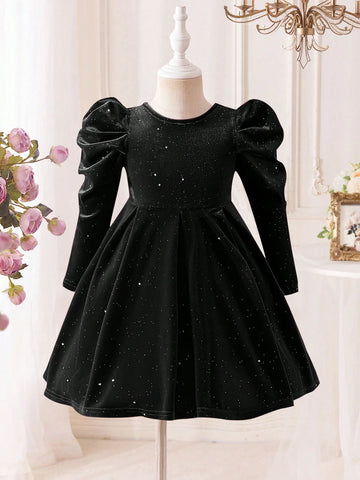 Mommy And Me Velvet Big Bow Decor Girls Dress, Suitable For Everyday Family Gathering Wear, Autumn/Winter