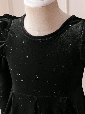 Mommy And Me Velvet Big Bow Decor Girls Dress, Suitable For Everyday Family Gathering Wear, Autumn/Winter