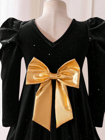Mommy And Me Velvet Big Bow Decor Girls Dress, Suitable For Everyday Family Gathering Wear, Autumn/Winter