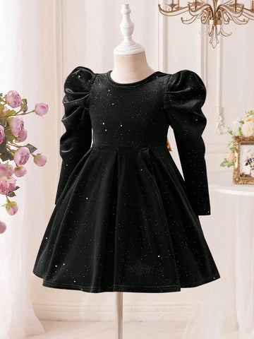 Mommy And Me Velvet Big Bow Decor Girls Dress, Suitable For Everyday Family Gathering Wear, Autumn/Winter