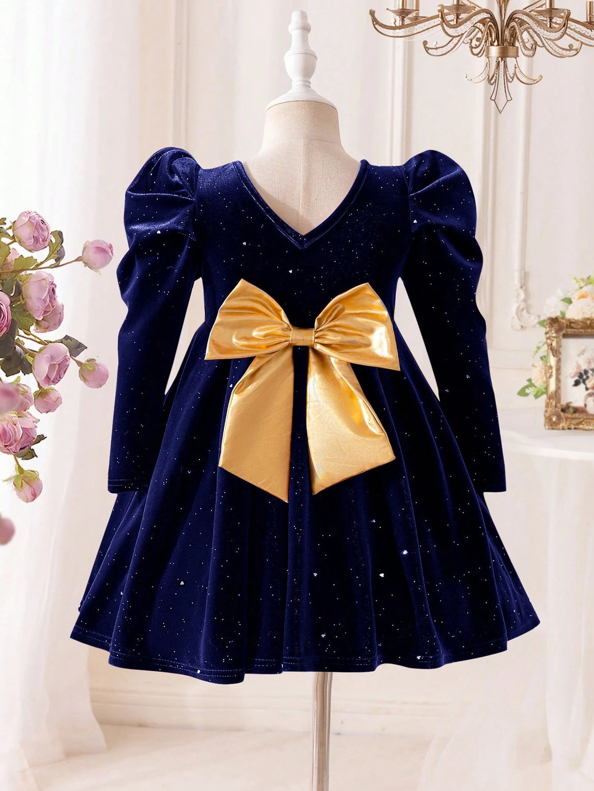 Mommy And Me Velvet Bow Decor Dress For Young Girl And Young Girl, Suitable For Autumn/Winter Family Gatherings
