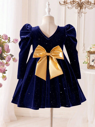 Mommy And Me Velvet Bow Decor Dress For Young Girl And Young Girl, Suitable For Autumn/Winter Family Gatherings