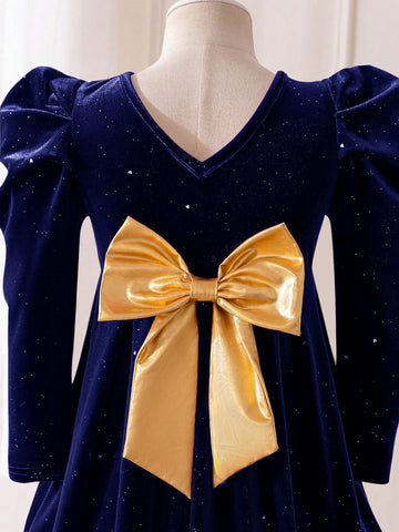 Mommy And Me Velvet Bow Decor Dress For Young Girl And Young Girl, Suitable For Autumn/Winter Family Gatherings