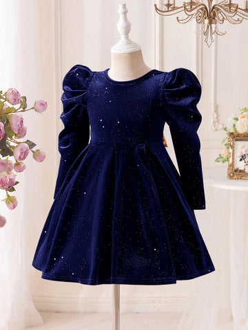 Mommy And Me Velvet Bow Decor Dress For Young Girl And Young Girl, Suitable For Autumn/Winter Family Gatherings