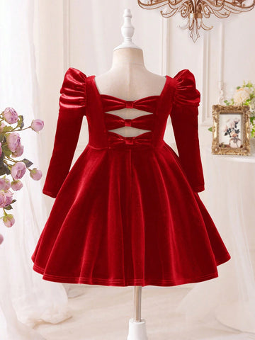 Mommy And Me Young Girl's And Young Girl's Autumn/Winter Floral Velvet Gigot Sleeve Dress, Suitable For Casual Daily Wear Or Family Gatherings