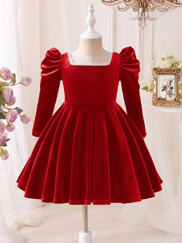 Mommy And Me Young Girl's And Young Girl's Autumn/Winter Floral Velvet Gigot Sleeve Dress, Suitable For Casual Daily Wear Or Family Gatherings