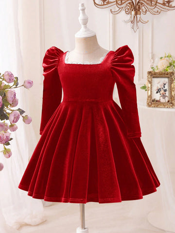 Mommy And Me Young Girl's And Young Girl's Autumn/Winter Floral Velvet Gigot Sleeve Dress, Suitable For Casual Daily Wear Or Family Gatherings