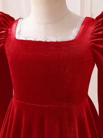 Mommy And Me Young Girl's And Young Girl's Autumn/Winter Floral Velvet Gigot Sleeve Dress, Suitable For Casual Daily Wear Or Family Gatherings