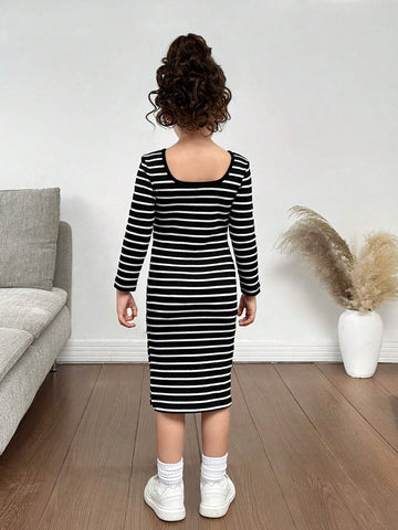 Mommy And Me Young Girl's And Young Girl's Autumn/Winter Turtleneck Striped Knit Dress, Suitable For Casual Everyday Wear