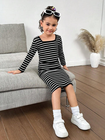Mommy And Me Young Girl's And Young Girl's Autumn/Winter Turtleneck Striped Knit Dress, Suitable For Casual Everyday Wear
