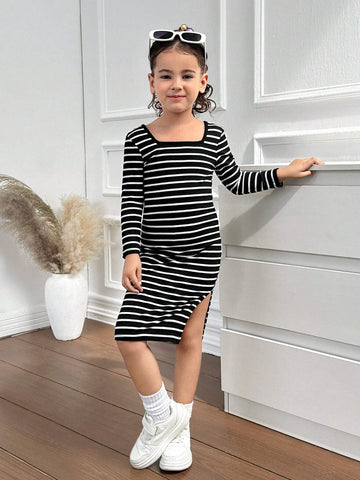 Mommy And Me Young Girl's And Young Girl's Autumn/Winter Turtleneck Striped Knit Dress, Suitable For Casual Everyday Wear