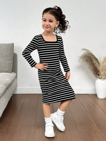Mommy And Me Young Girl's And Young Girl's Autumn/Winter Turtleneck Striped Knit Dress, Suitable For Casual Everyday Wear