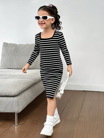 Mommy And Me Young Girl's And Young Girl's Autumn/Winter Turtleneck Striped Knit Dress, Suitable For Casual Everyday Wear