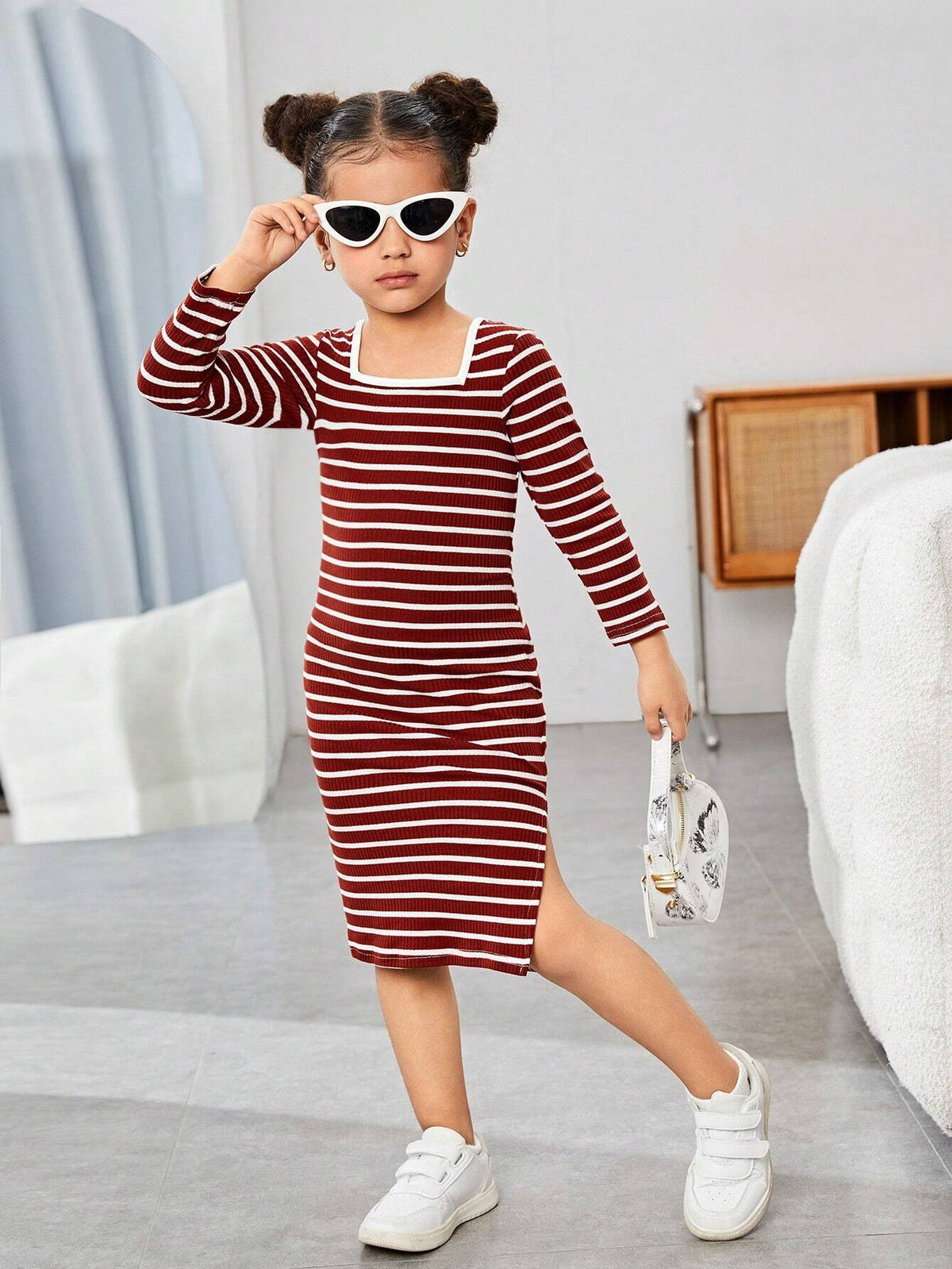 Mommy And Me Young Girl's And Young Girl's Striped Crew Neck Knit Dress, Girls Autumn Clothes, Suitable For Casual Daily Wear