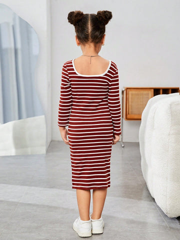 Mommy And Me Young Girl's And Young Girl's Striped Crew Neck Knit Dress, Girls Autumn Clothes, Suitable For Casual Daily Wear