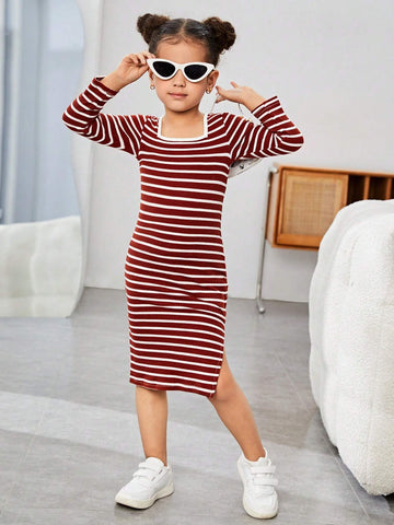 Mommy And Me Young Girl's And Young Girl's Striped Crew Neck Knit Dress, Girls Autumn Clothes, Suitable For Casual Daily Wear