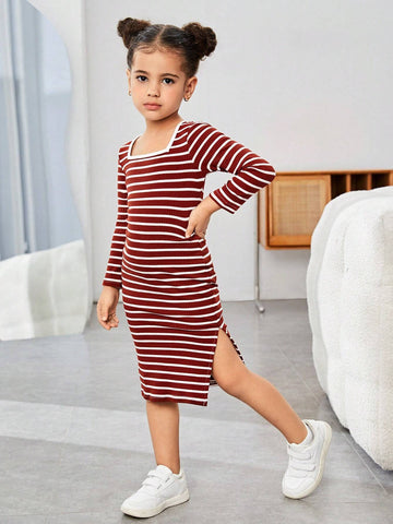 Mommy And Me Young Girl's And Young Girl's Striped Crew Neck Knit Dress, Girls Autumn Clothes, Suitable For Casual Daily Wear