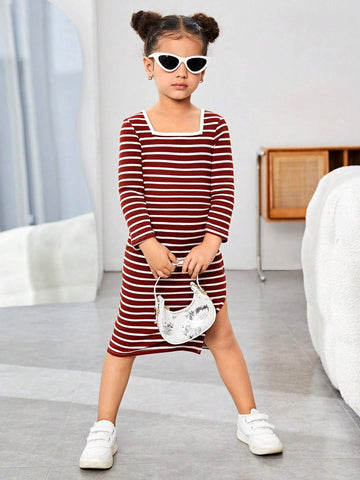 Mommy And Me Young Girl's And Young Girl's Striped Crew Neck Knit Dress, Girls Autumn Clothes, Suitable For Casual Daily Wear