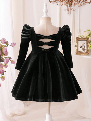 Mommy And Me Young Girl's & Young Girl Ruffled Velvet Gigot Sleeve Dress, Suitable For Casual Daily Or Family Gathering Wear, Autumn/Winter