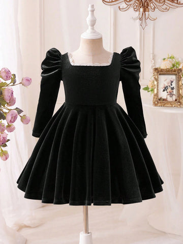 Mommy And Me Young Girl's & Young Girl Ruffled Velvet Gigot Sleeve Dress, Suitable For Casual Daily Or Family Gathering Wear, Autumn/Winter