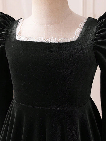 Mommy And Me Young Girl's & Young Girl Ruffled Velvet Gigot Sleeve Dress, Suitable For Casual Daily Or Family Gathering Wear, Autumn/Winter