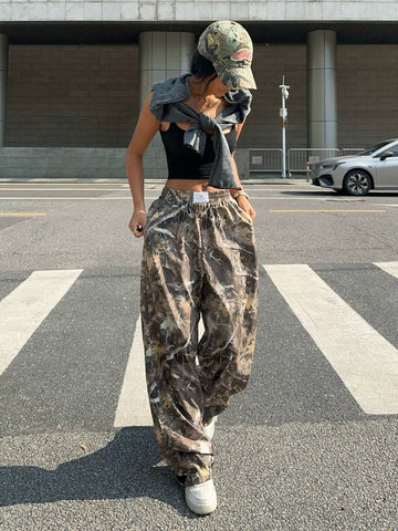 Muchic Printed Woven Wide Leg Pants For Women