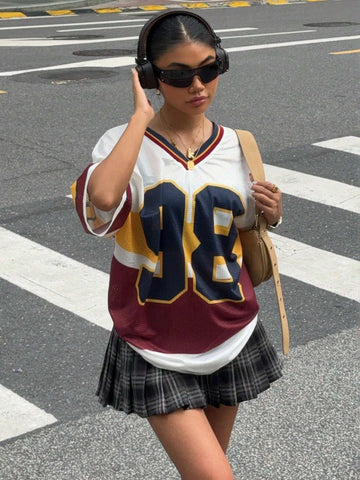 Women's New Letter & Number Print Sweatshirt, Suitable For Watching And Back-To-School