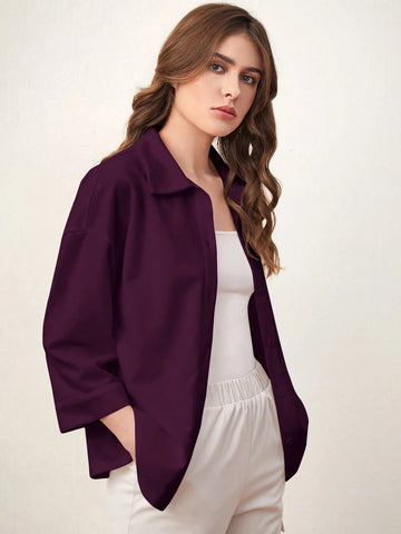 Mulvari 1pc Women Classic Solid Color Long Sleeve Button-Up Casual Shirt