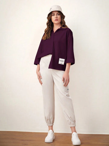 Mulvari 1pc Women Classic Solid Color Long Sleeve Button-Up Casual Shirt