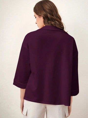 Mulvari 1pc Women Classic Solid Color Long Sleeve Button-Up Casual Shirt