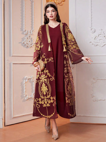 2pcs/Set V-Neck Sleeveless Dress And Embroidered Mesh Flare Sleeve Abaya