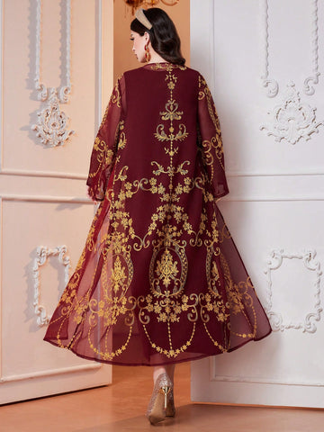 2pcs/Set V-Neck Sleeveless Dress And Embroidered Mesh Flare Sleeve Abaya