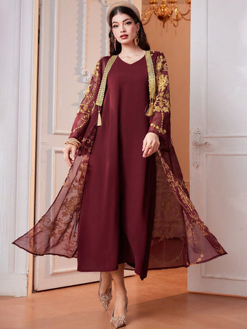 2pcs/Set V-Neck Sleeveless Dress And Embroidered Mesh Flare Sleeve Abaya