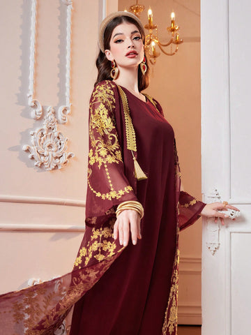 2pcs/Set V-Neck Sleeveless Dress And Embroidered Mesh Flare Sleeve Abaya