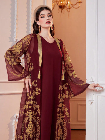 2pcs/Set V-Neck Sleeveless Dress And Embroidered Mesh Flare Sleeve Abaya