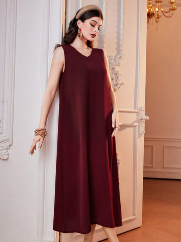 2pcs/Set V-Neck Sleeveless Dress And Embroidered Mesh Flare Sleeve Abaya