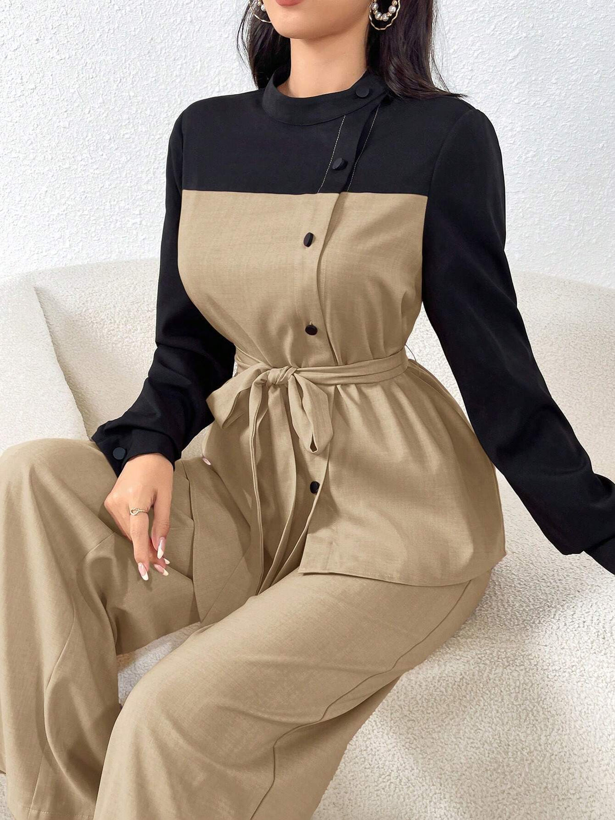 2pcs Women Spring And Autumn Color Block Irregular Hem Open Front Top And Pants Casual Commuter Suit