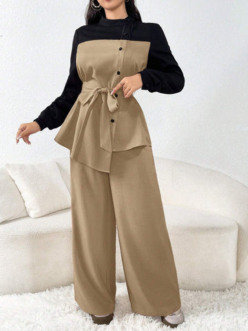 2pcs Women Spring And Autumn Color Block Irregular Hem Open Front Top And Pants Casual Commuter Suit