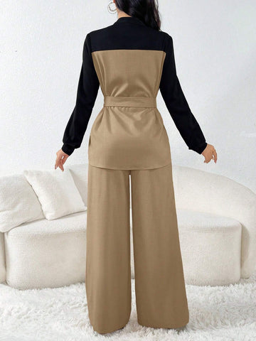 2pcs Women Spring And Autumn Color Block Irregular Hem Open Front Top And Pants Casual Commuter Suit