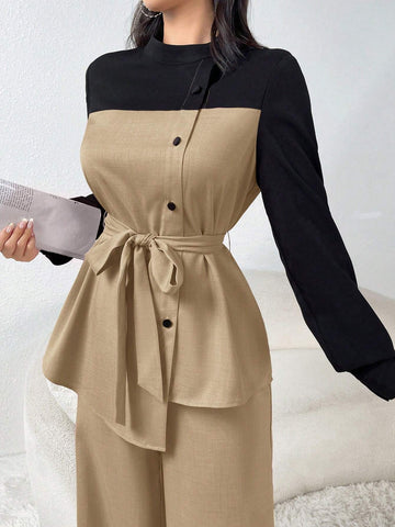 2pcs Women Spring And Autumn Color Block Irregular Hem Open Front Top And Pants Casual Commuter Suit