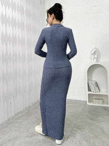2pcs Women 2024 New Autumn Outfit Blue Long Sleeve Knit Top And Skirt Set