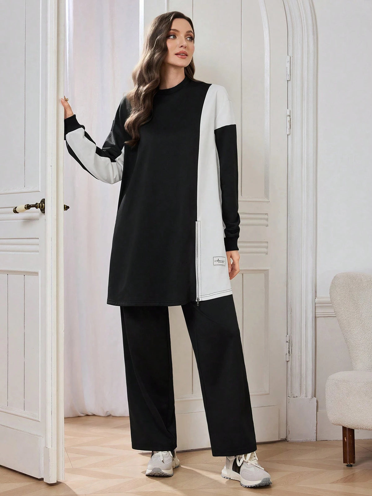 2pcs Women Casual/Office Outfit: Round Neck Color Block Side Slit Top And Loose Fit Pants, Black