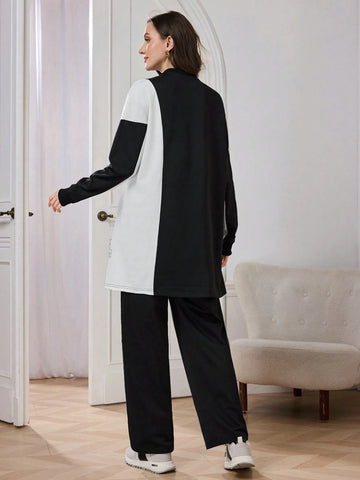 2pcs Women Casual/Office Outfit: Round Neck Color Block Side Slit Top And Loose Fit Pants, Black