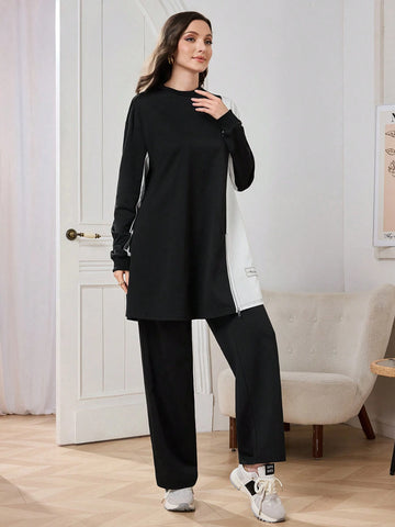 2pcs Women Casual/Office Outfit: Round Neck Color Block Side Slit Top And Loose Fit Pants, Black