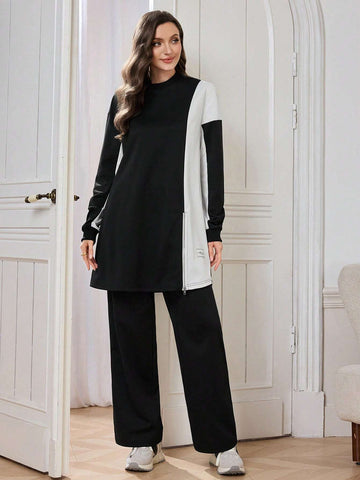 2pcs Women Casual/Office Outfit: Round Neck Color Block Side Slit Top And Loose Fit Pants, Black