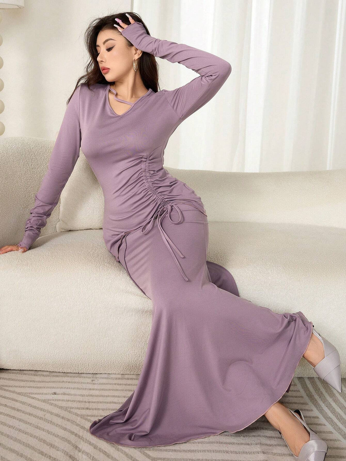 2pcs Women Knit Drawstring Top And Bodycon Mermaid Skirt Set