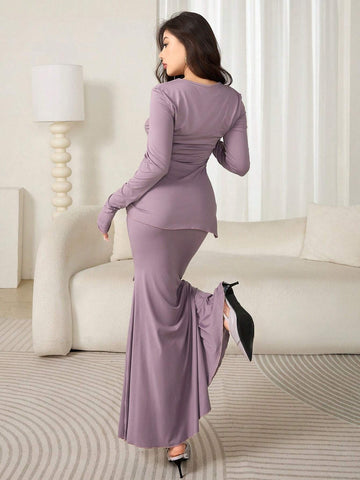 2pcs Women Knit Drawstring Top And Bodycon Mermaid Skirt Set