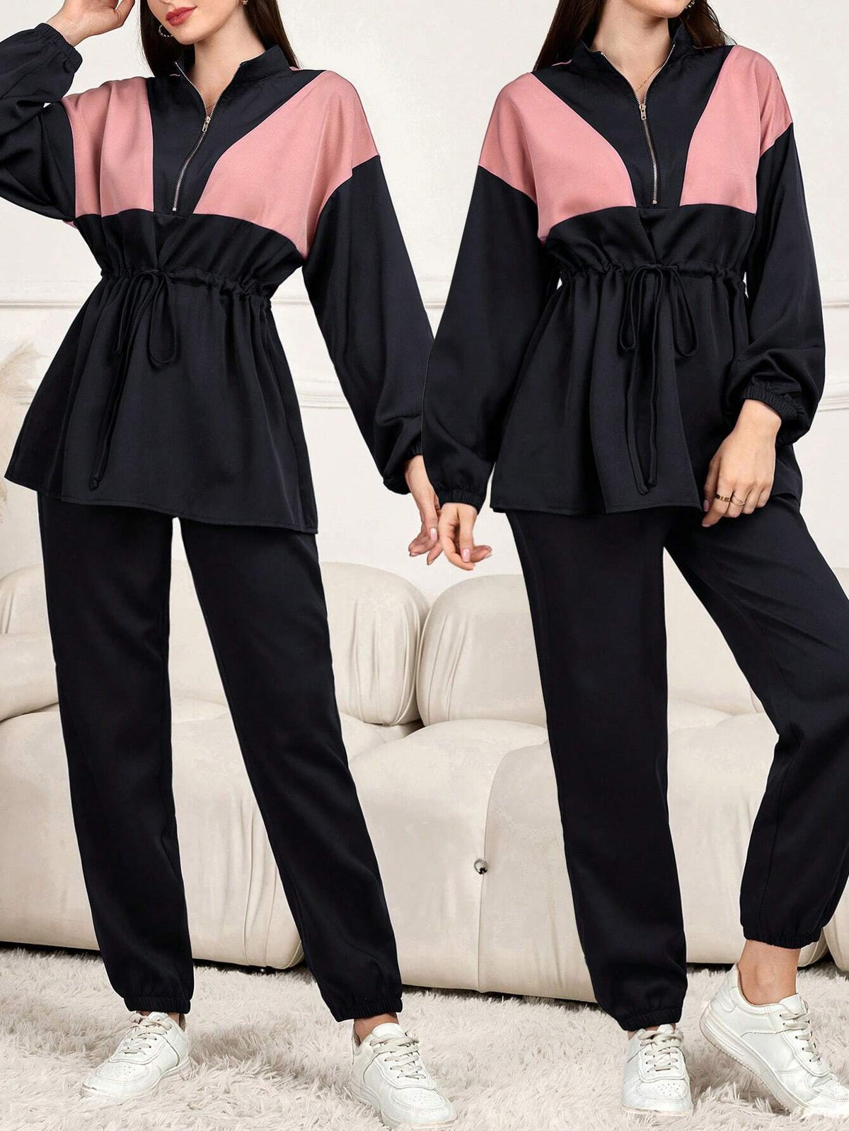 2pcs Women Spring Autumn Contrast Color Drop-Shoulder Long Sleeve Zip Up Collared Top And Pants Casual Suit