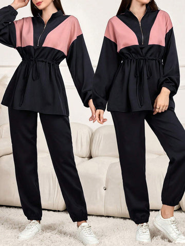 2pcs Women Spring Autumn Contrast Color Drop-Shoulder Long Sleeve Zip Up Collared Top And Pants Casual Suit